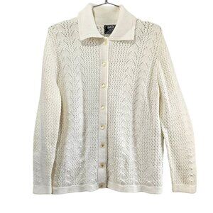 Duet Wintuk Knit Vintage Collared Button Up Ivory Cardigan Sweater